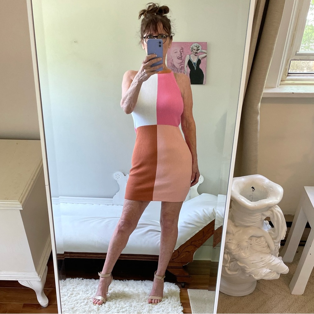 PINK LILY COLOUR BLOCK SLEEVELESS RIBBED KNIT DRESS PINK WHITE BROWN STRETCH